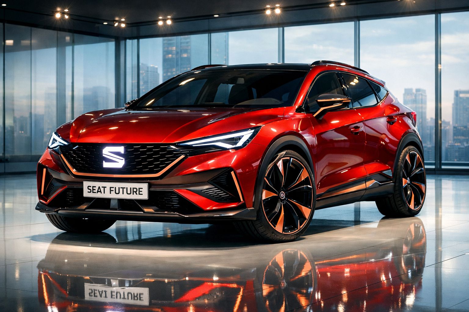 Carro elétrico vermelho SEAT Future em ambiente moderno com janelas grandes e vista urbana.