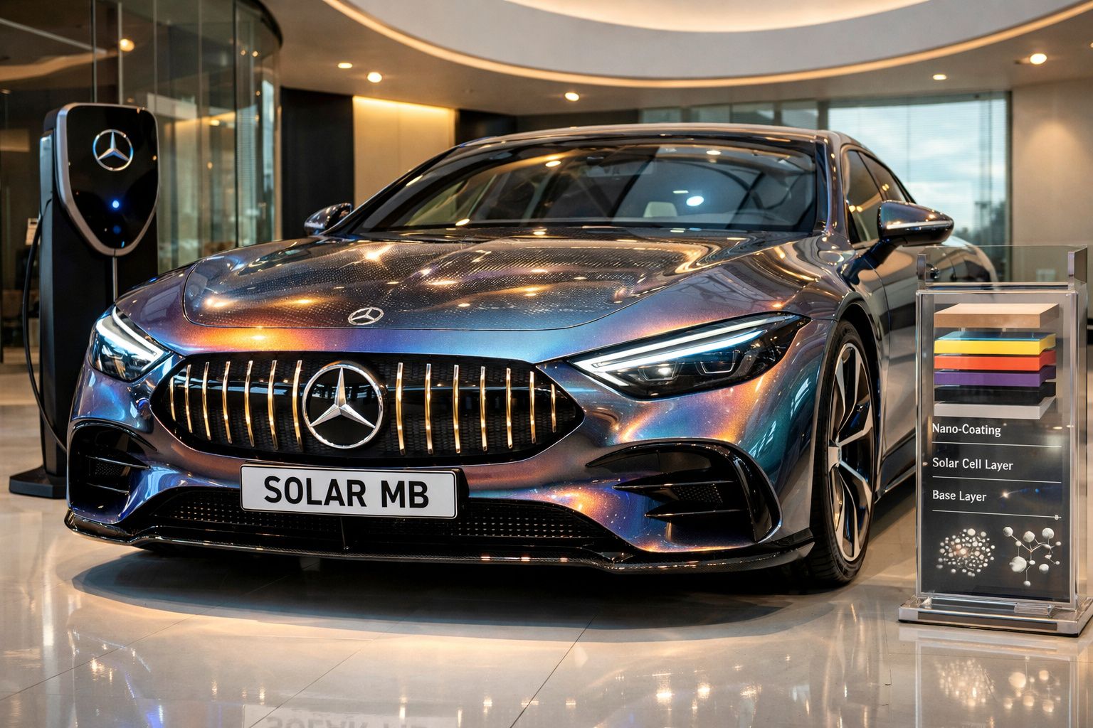 Carro elétrico Mercedes-Benz Solar MB azul metálico com acabamento especial e painel de carregamento ao fundo.