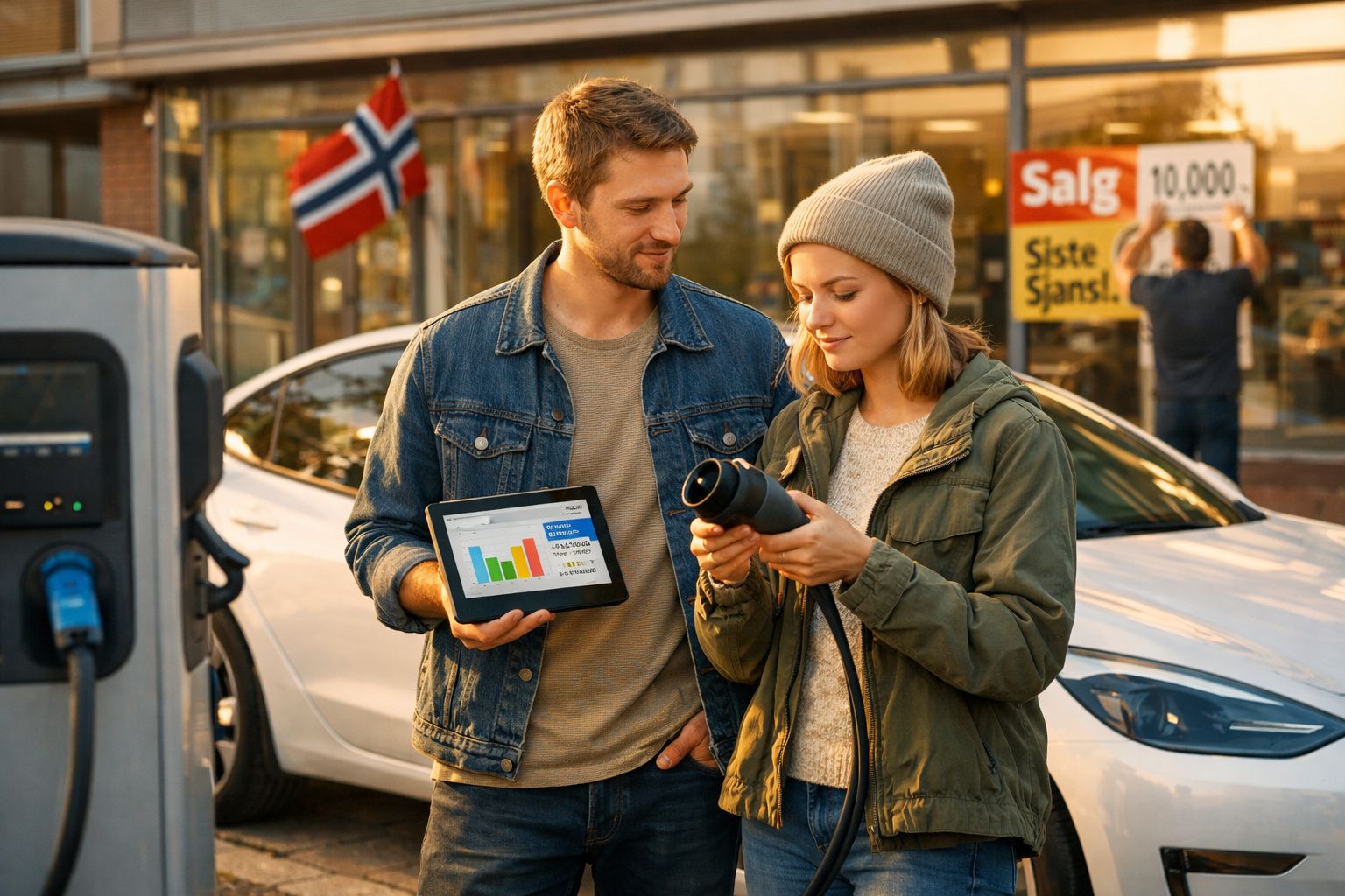 Casal junto a um carro elétrico, homem com tablet e mulher a segurar uma garrafa térmica, bandeira da Noruega ao fundo.