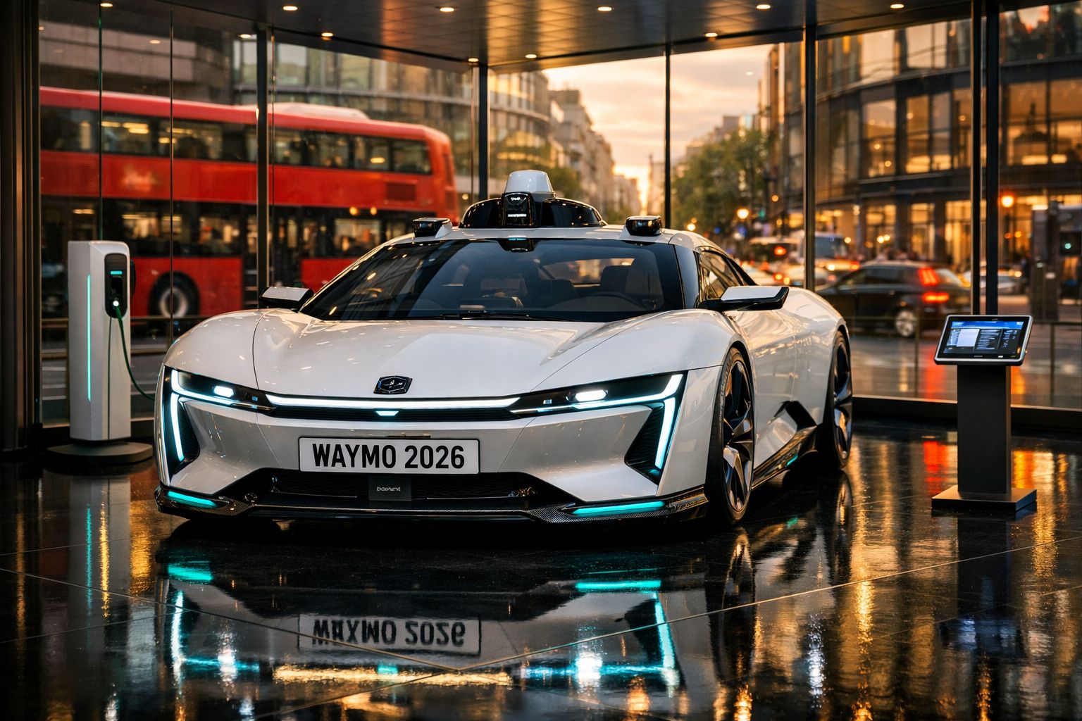 Carro elétrico autónomo branco Waymo 2026 em exposição com carregador e painel digital ao lado.