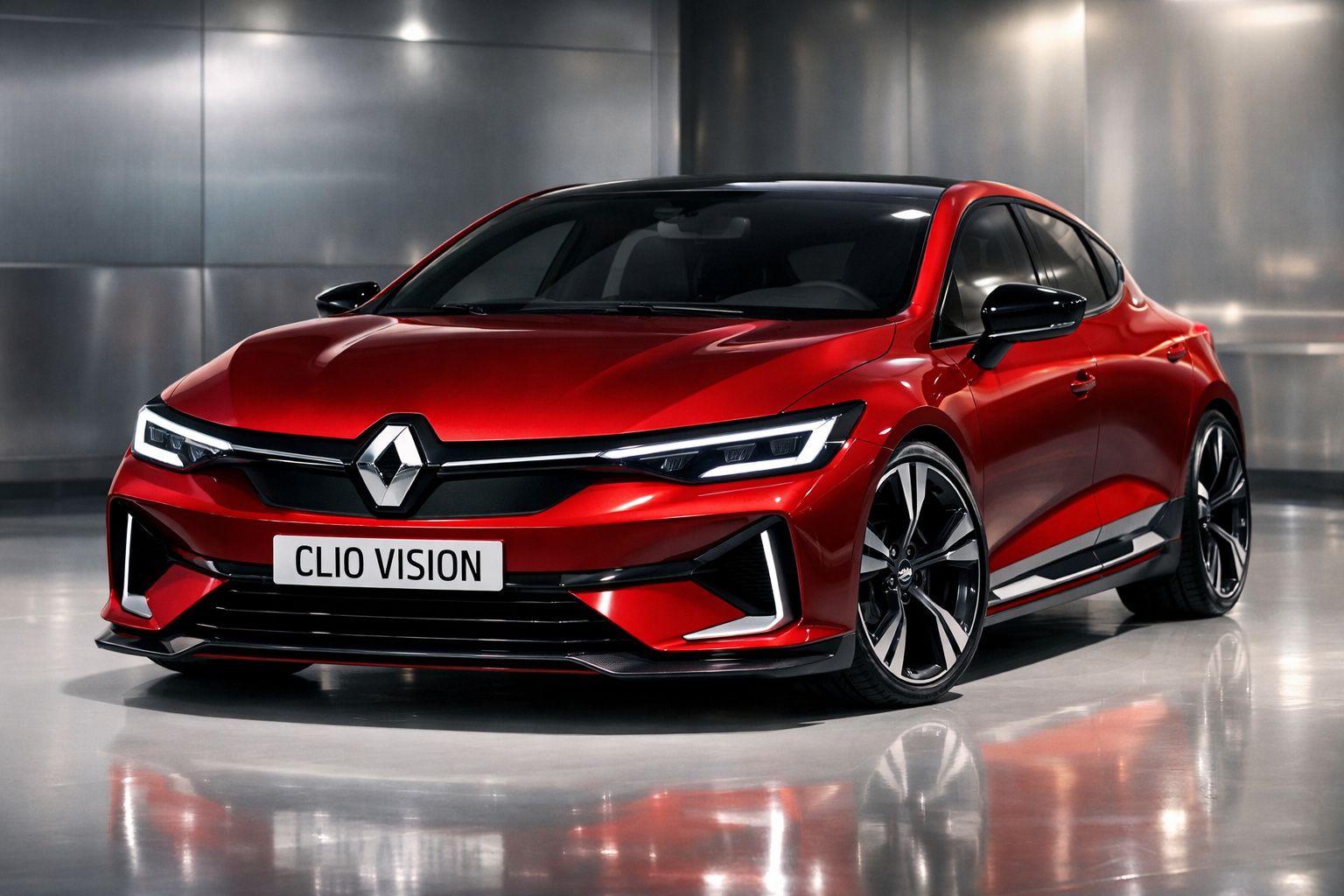 Automóvel desportivo Renault Clio Vision vermelho estacionado num piso refletor moderno.