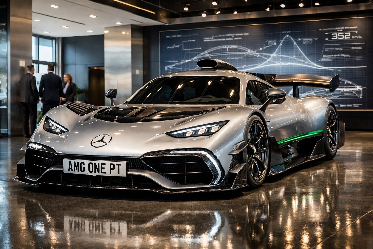 Carro desportivo Mercedes AMG One prata estacionado num showroom com gráficos técnicos ao fundo.