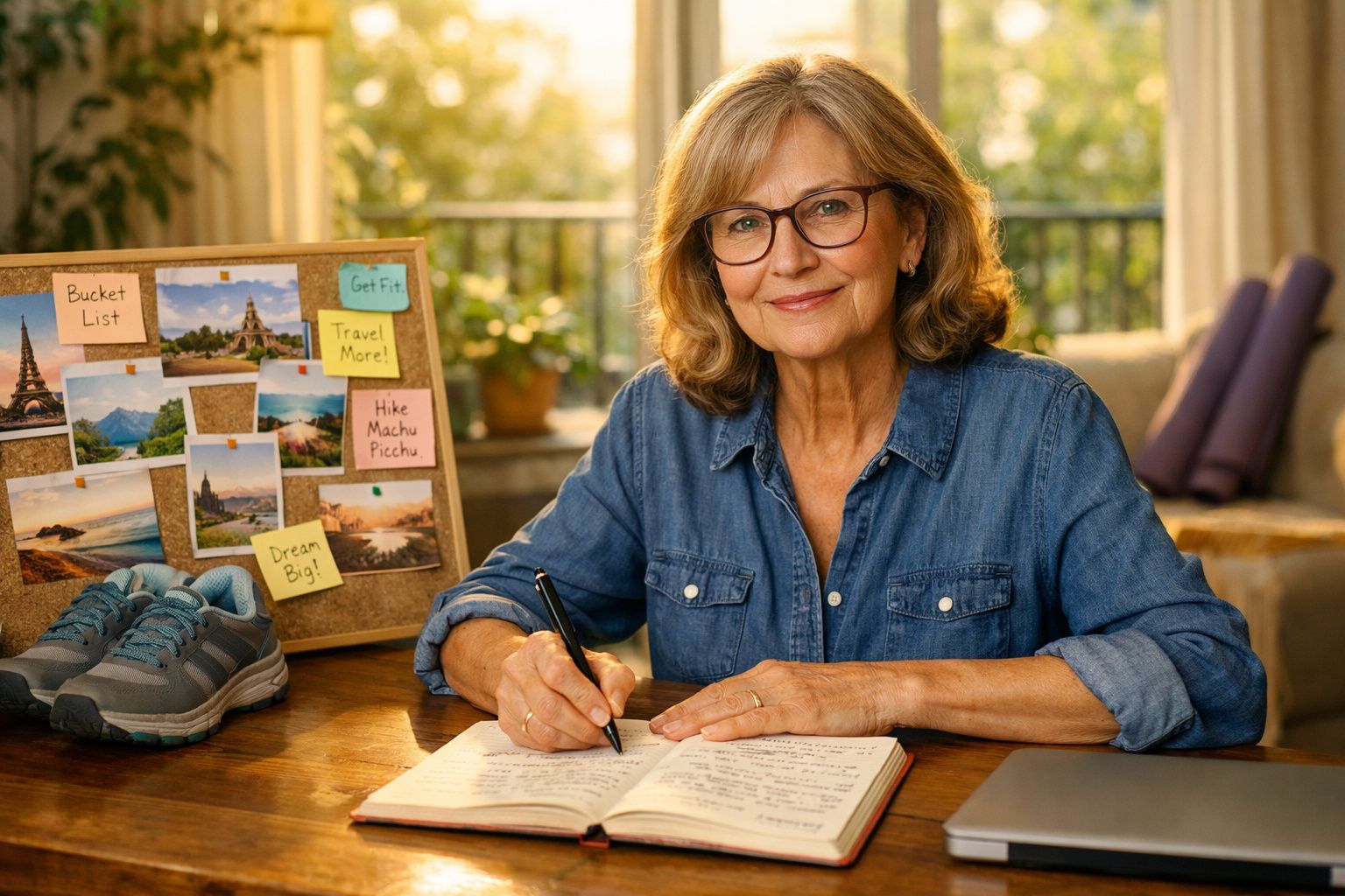 Mulher madura de óculos a escrever num caderno, ao lado de um quadro com fotos e notas de uma lista de objetivos.