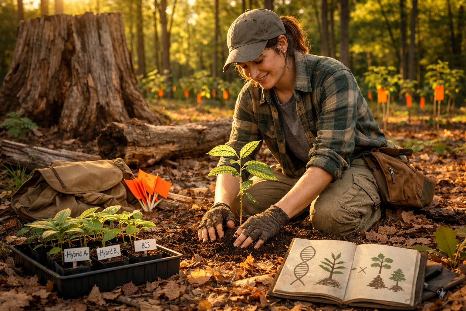 Mulher a plantar uma muda numa floresta, com marcador e livro de botânica aberto no chão.