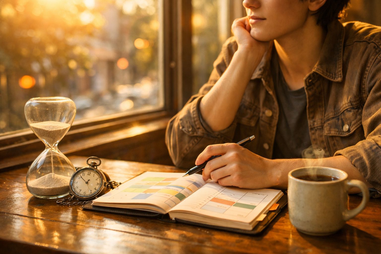 Pessoa a planear o dia num livro de agenda, com ampulheta, relógio e chávena de café numa mesa junto à janela.