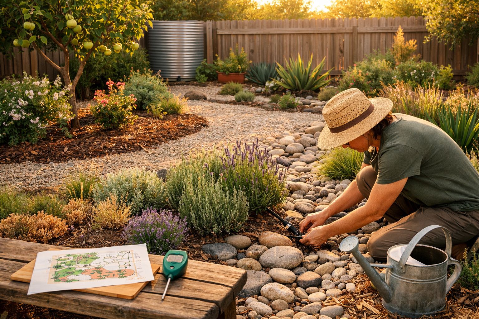 Homem a jardinar num jardim com caminho de pedras e plantas, usando chapéu de palha e regador ao lado.