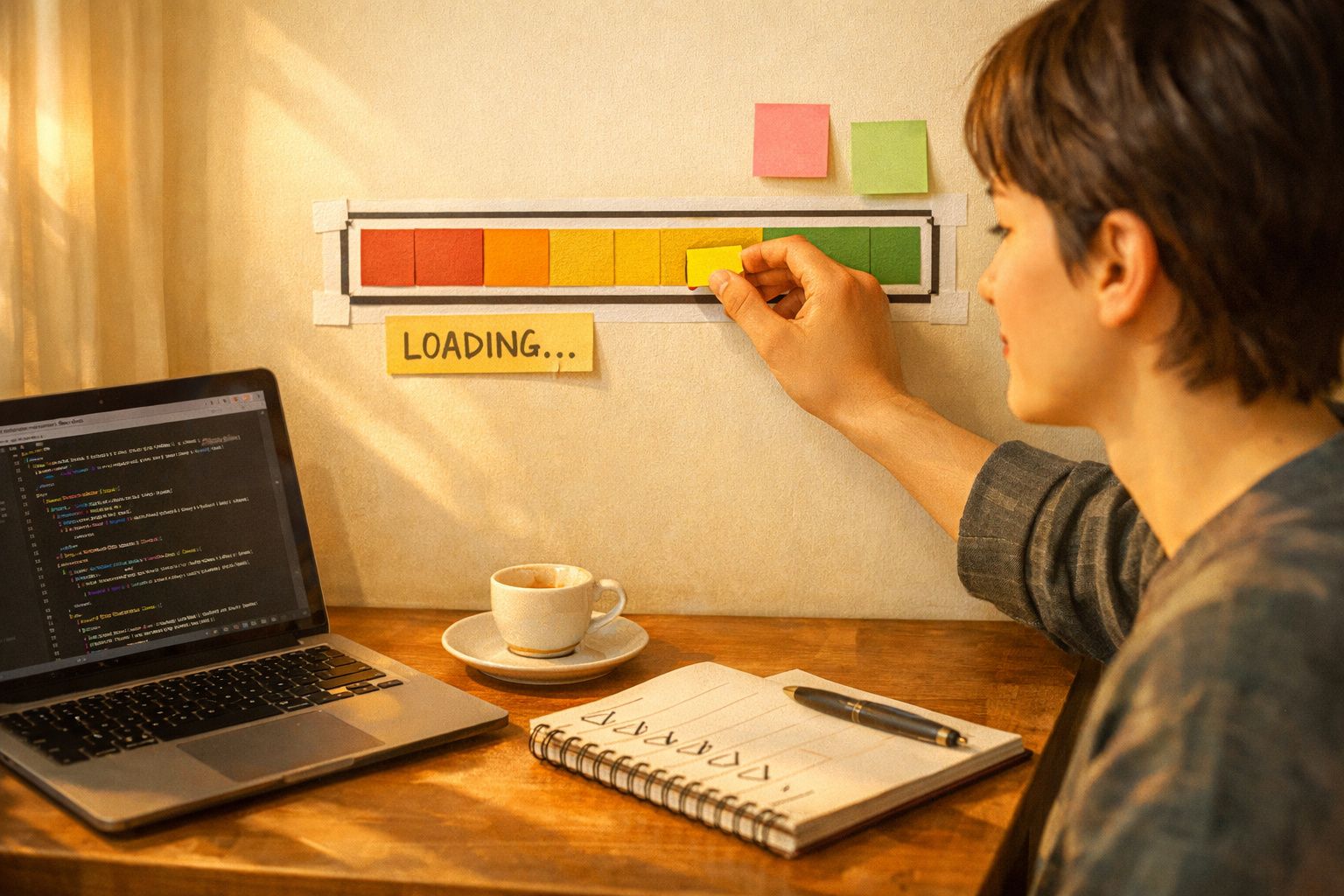 Pessoa a trabalhar num computador portátil com uma barra de progresso colorida e nota "loading" numa parede.