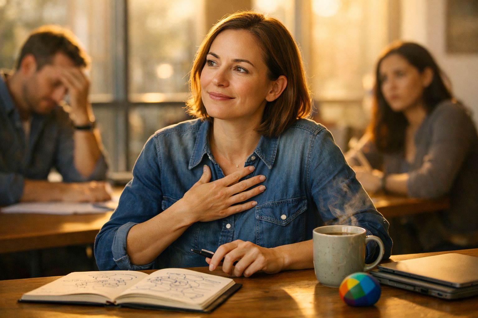 Mulher sorridente com mão no peito sentada à mesa com caderno aberto e caneca, outras duas pessoas ao fundo.