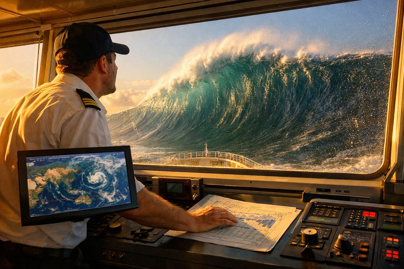 Homem uniformizado observa uma enorme onda no mar a partir da cabine de um navio.