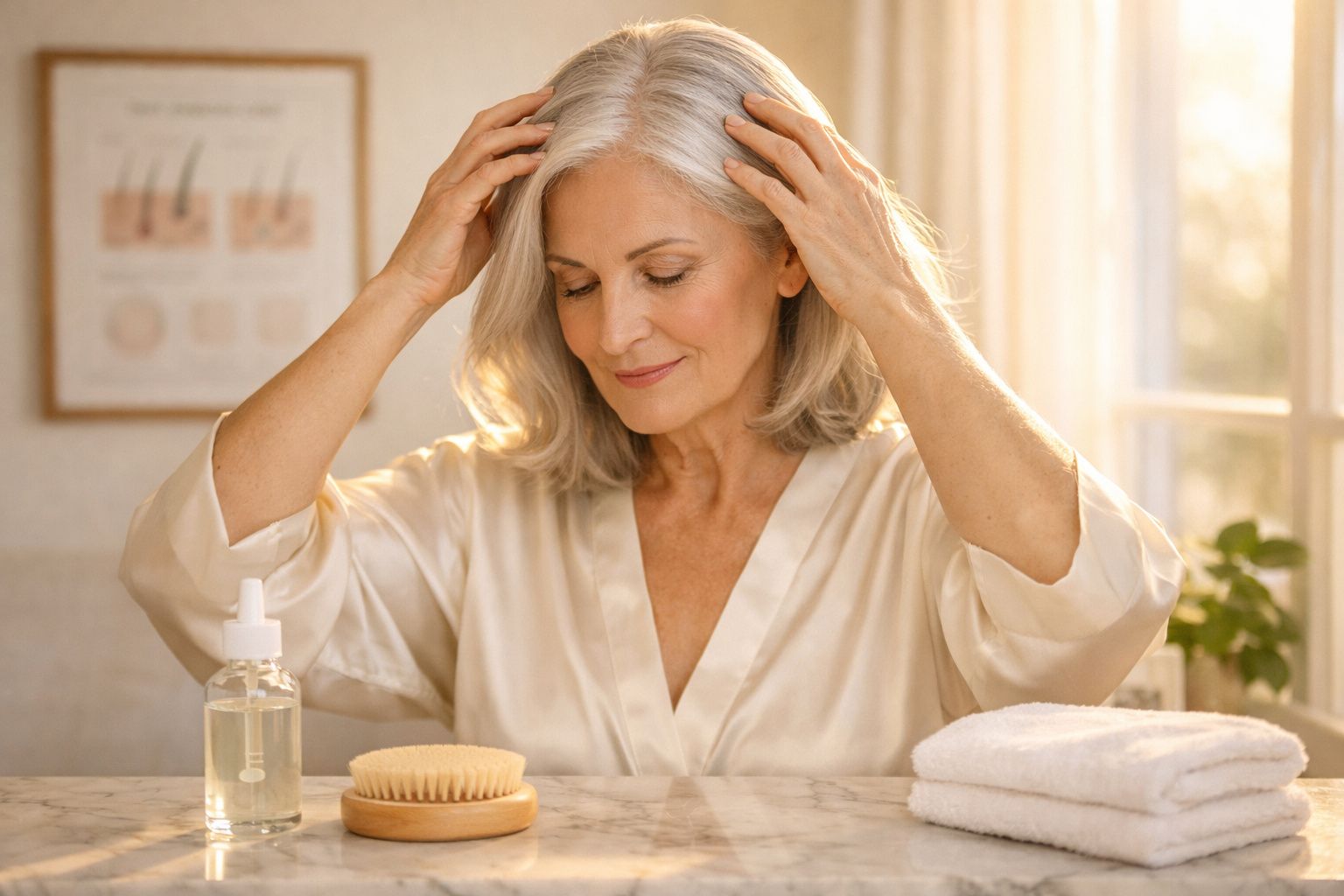 Mulher sénior com cabelo grisalho a cuidar do cabelo num ambiente iluminado e tranquilo.
