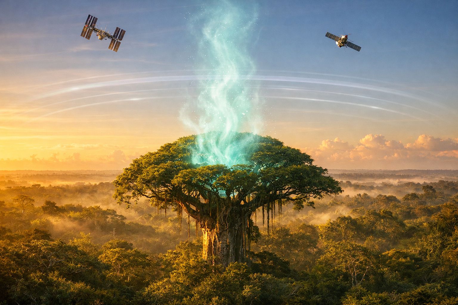 Árvore gigante com luz azul fluorescente no topo, rodeada por floresta ao pôr do sol e dois satélites no céu.