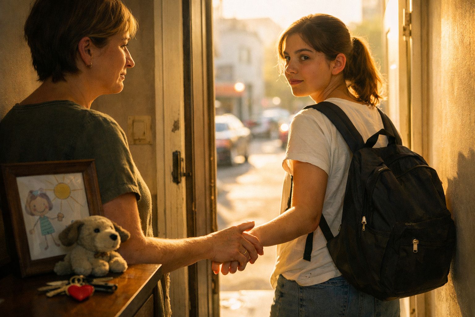 Mulher despede-se de jovem com mochila na porta de casa ao entardecer.
