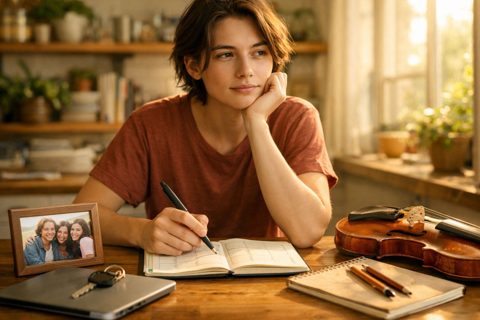 Jovem sentada numa mesa, a escrever numa agenda, com um violino, foto de amigos e chaves à sua frente.