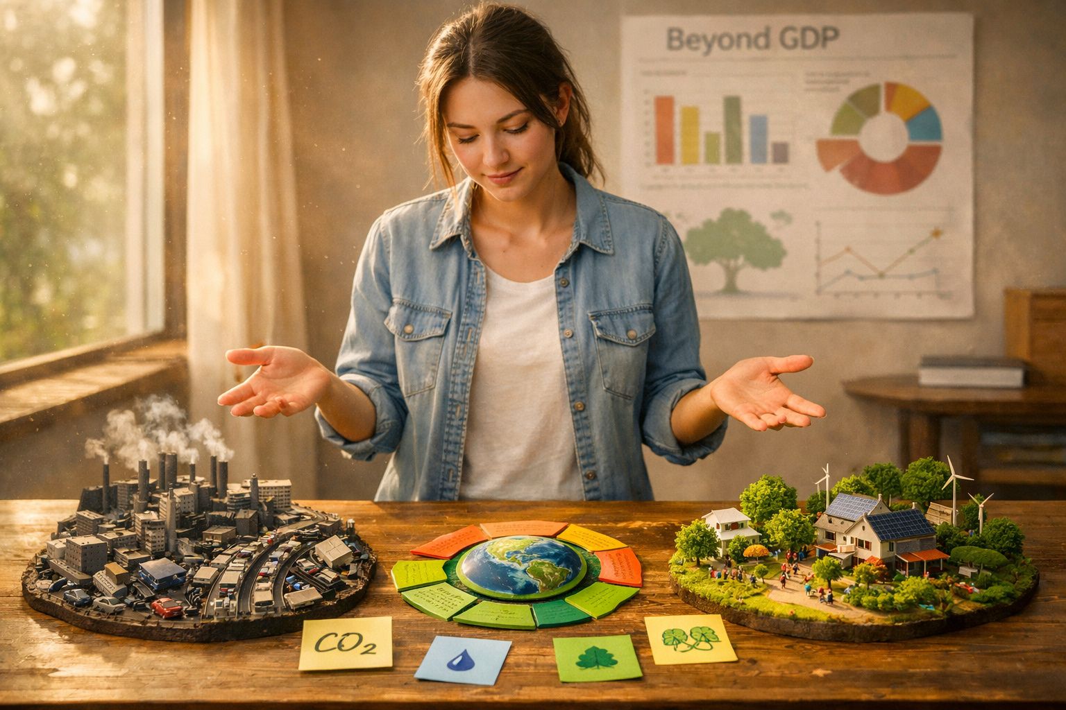 Mulher analisa maquetes de cidade poluente e cidade sustentável com energia renovável.