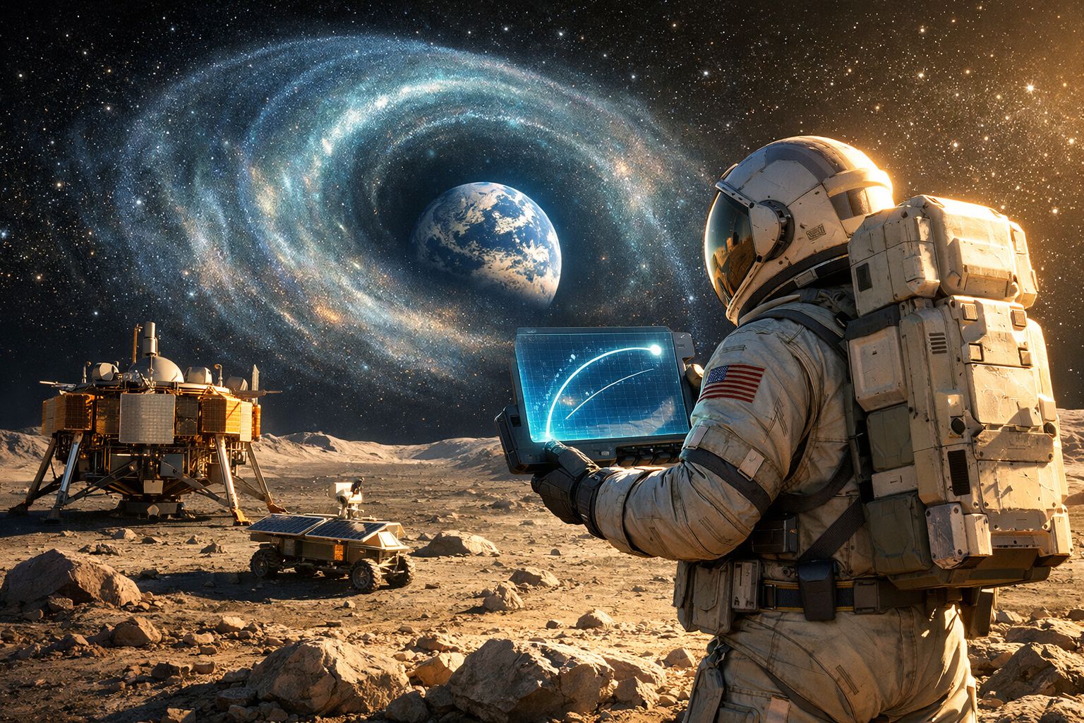 Astronauta na superfície lunar com equipamento, robô e Terra visível no espaço estrelado ao fundo.