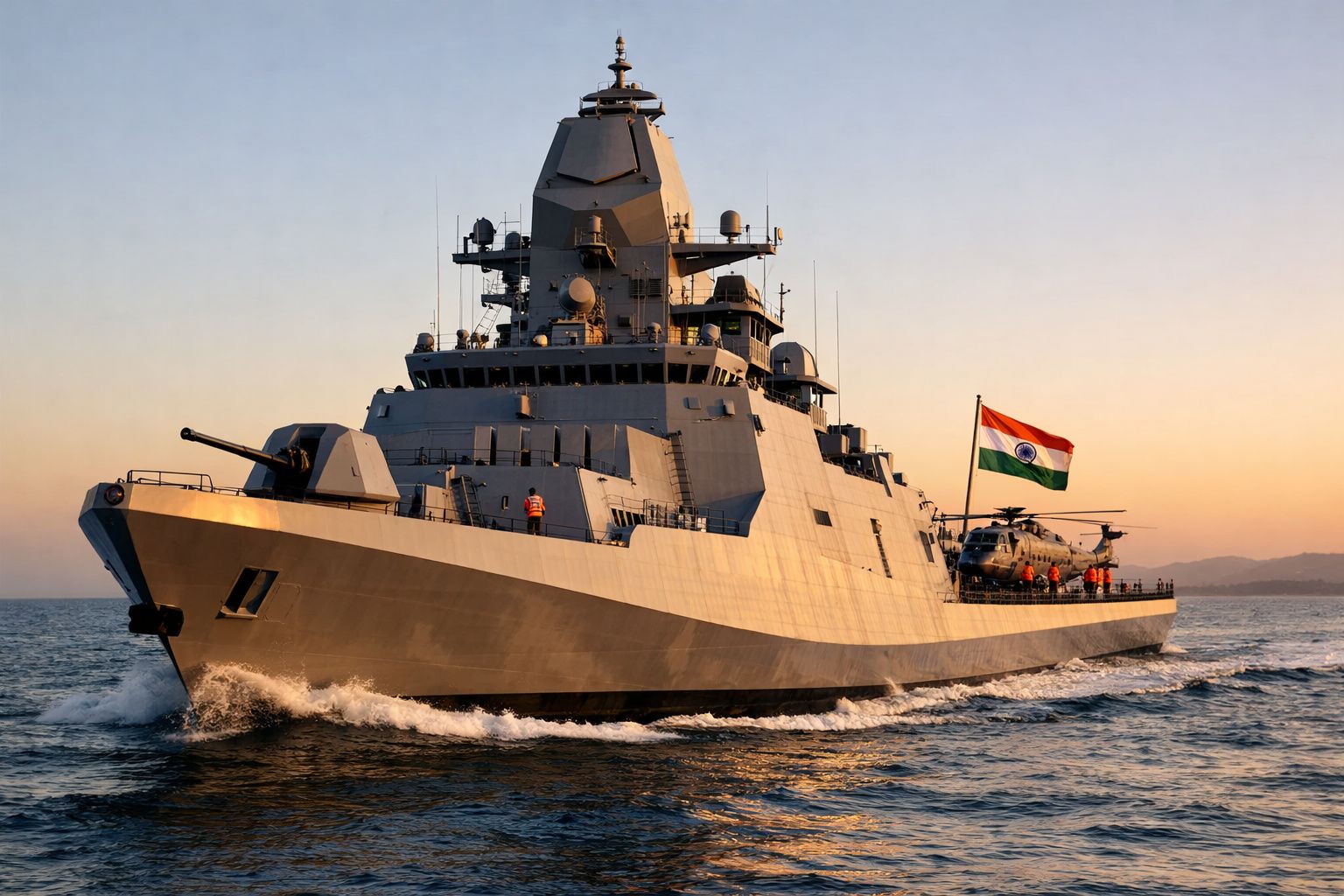 Navio de guerra da marinha indiana navegando ao pôr do sol com bandeira e helicóptero a bordo.