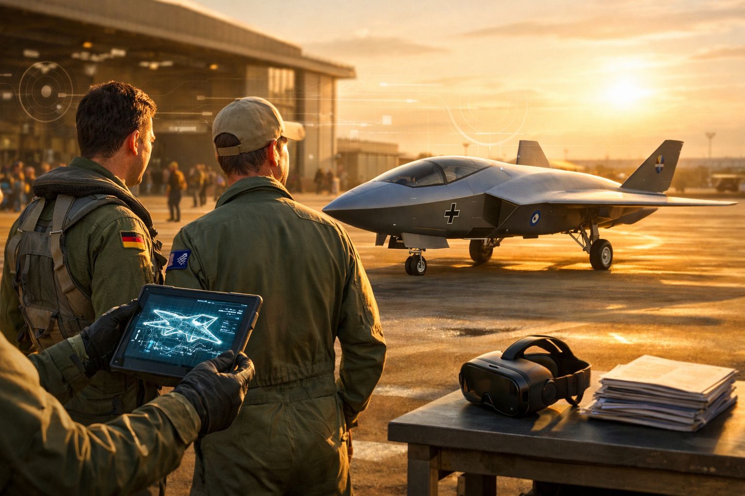 Militares a observar drone militar futurista numa pista de aeroporto ao pôr do sol.