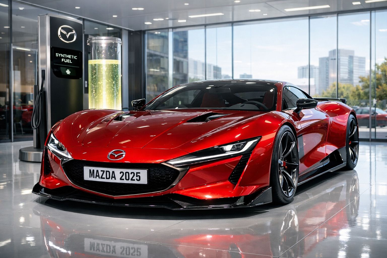 Carro esportivo vermelho Mazda 2025 em salão moderno com piso refletor e vidros panorâmicos.