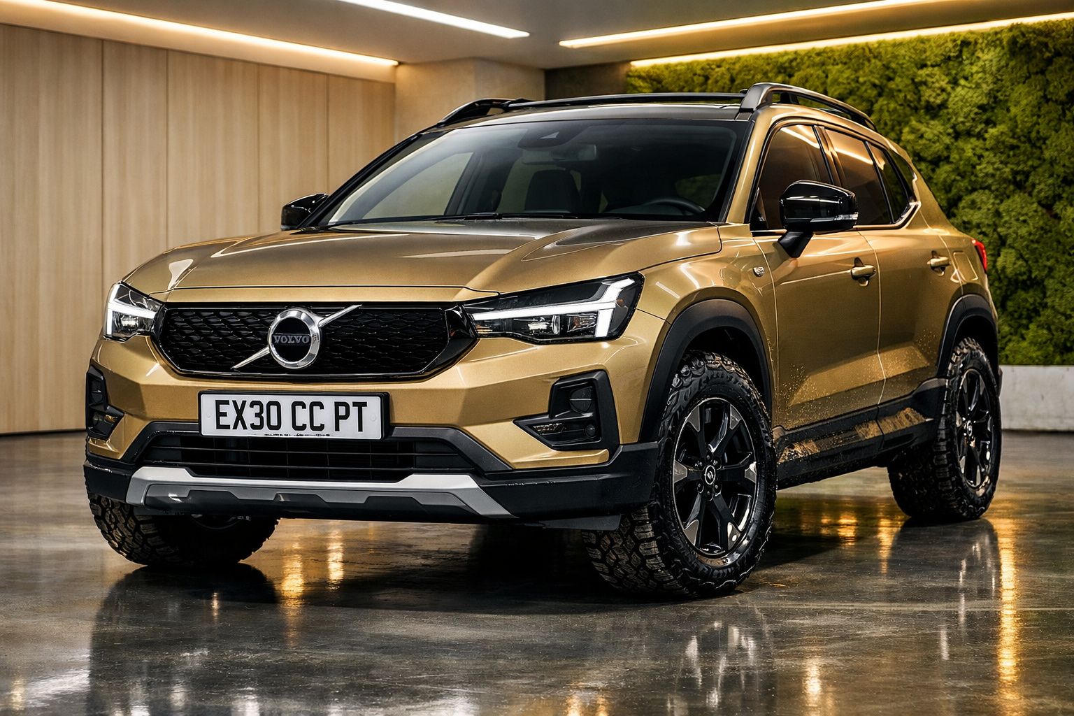 Carro Volvo SUV dourado estacionado em interior com pneus robustos e detalhes pretos brilhantes.