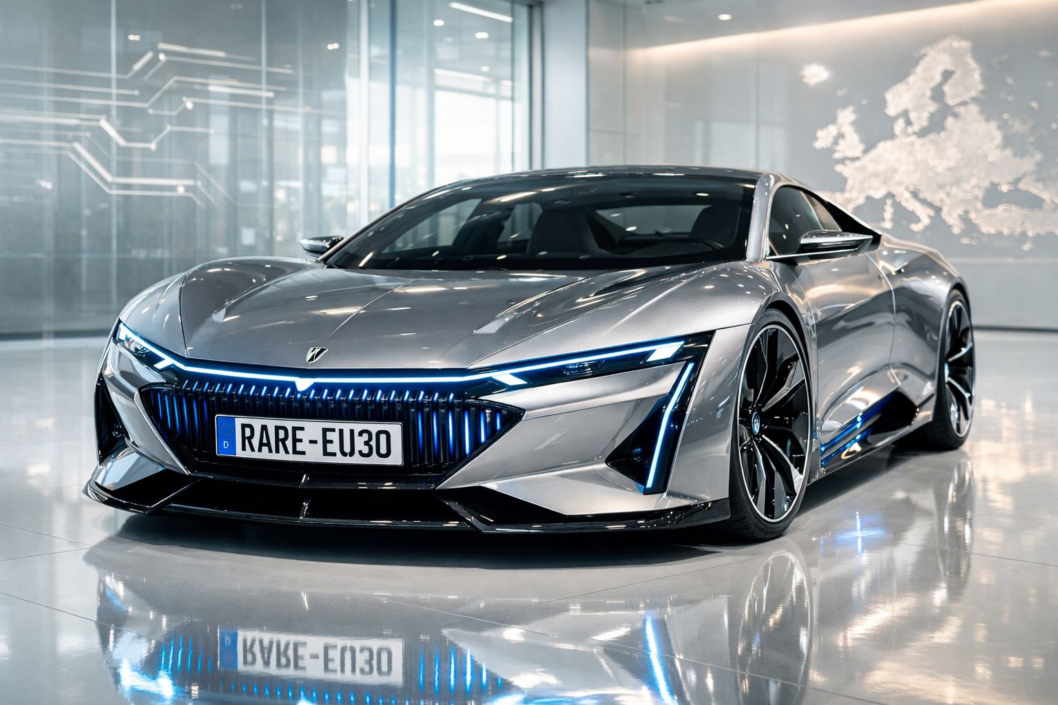 Carro desportivo elétrico prateado futurista estacionado num salão moderno brilhante.