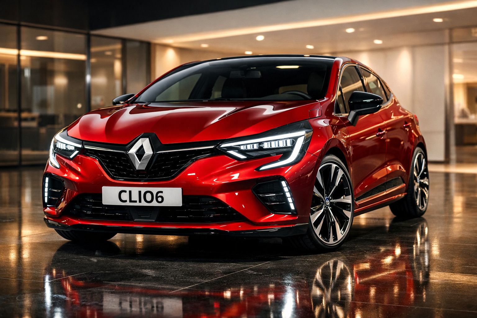 Automóvel desportivo vermelho Renault Clio estacionado em piso brilhante interior com iluminação quente.