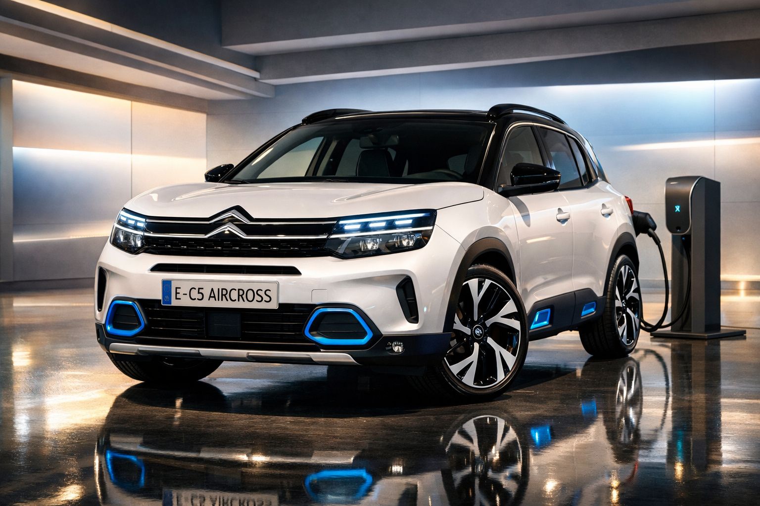 Carro eléctrico Citroën E-C5 Aircross branco a carregar numa estação de carregamento interior.