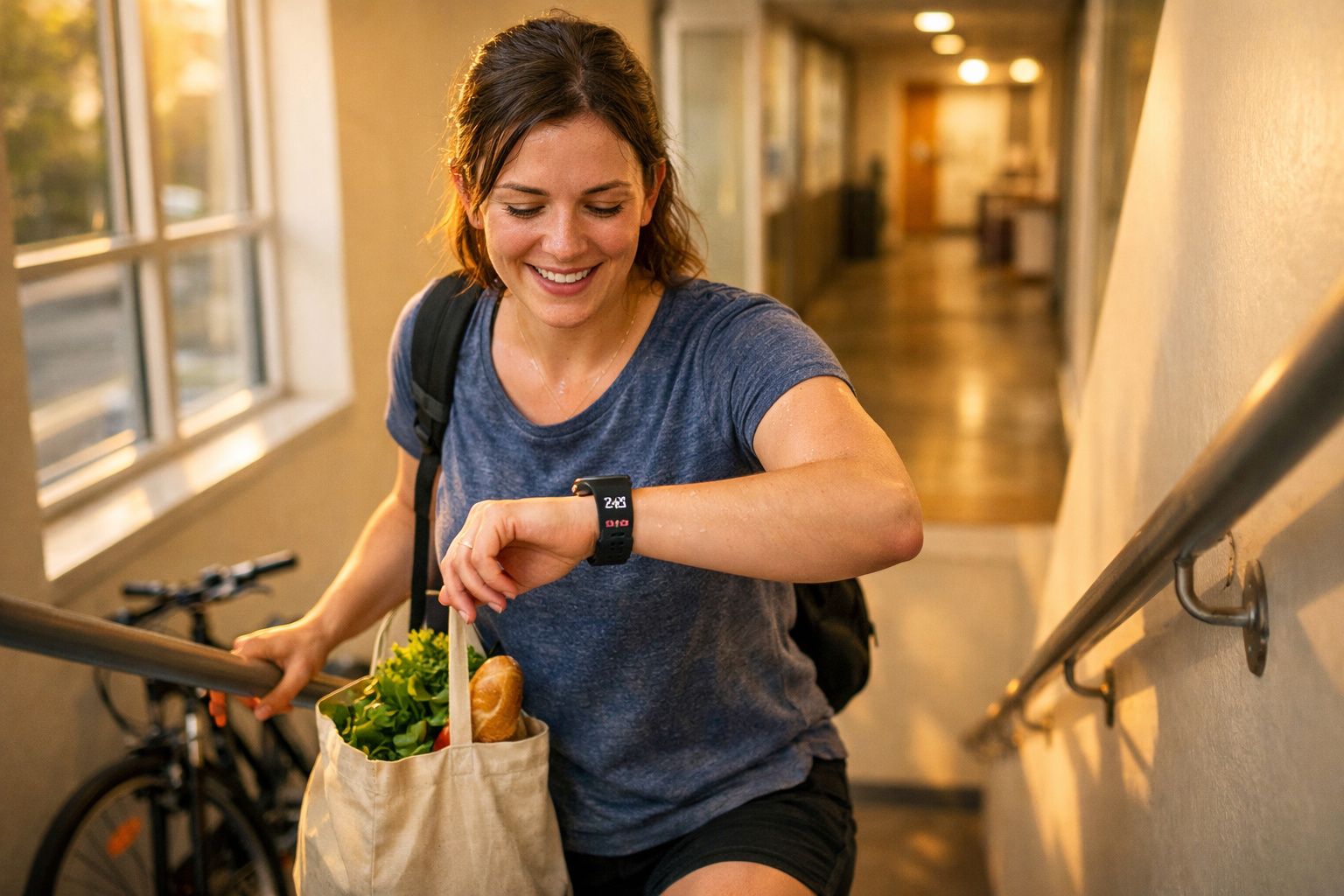 Mulher sorridente a subir escadas com saco de compras e a verificar relógio inteligente num corredor iluminado.