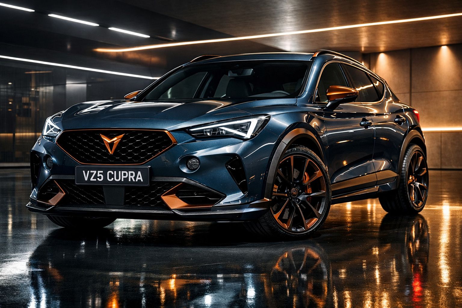 Cupra VZ5 azul metálico com detalhes em bronze estacionado em garagem com chão refletor.