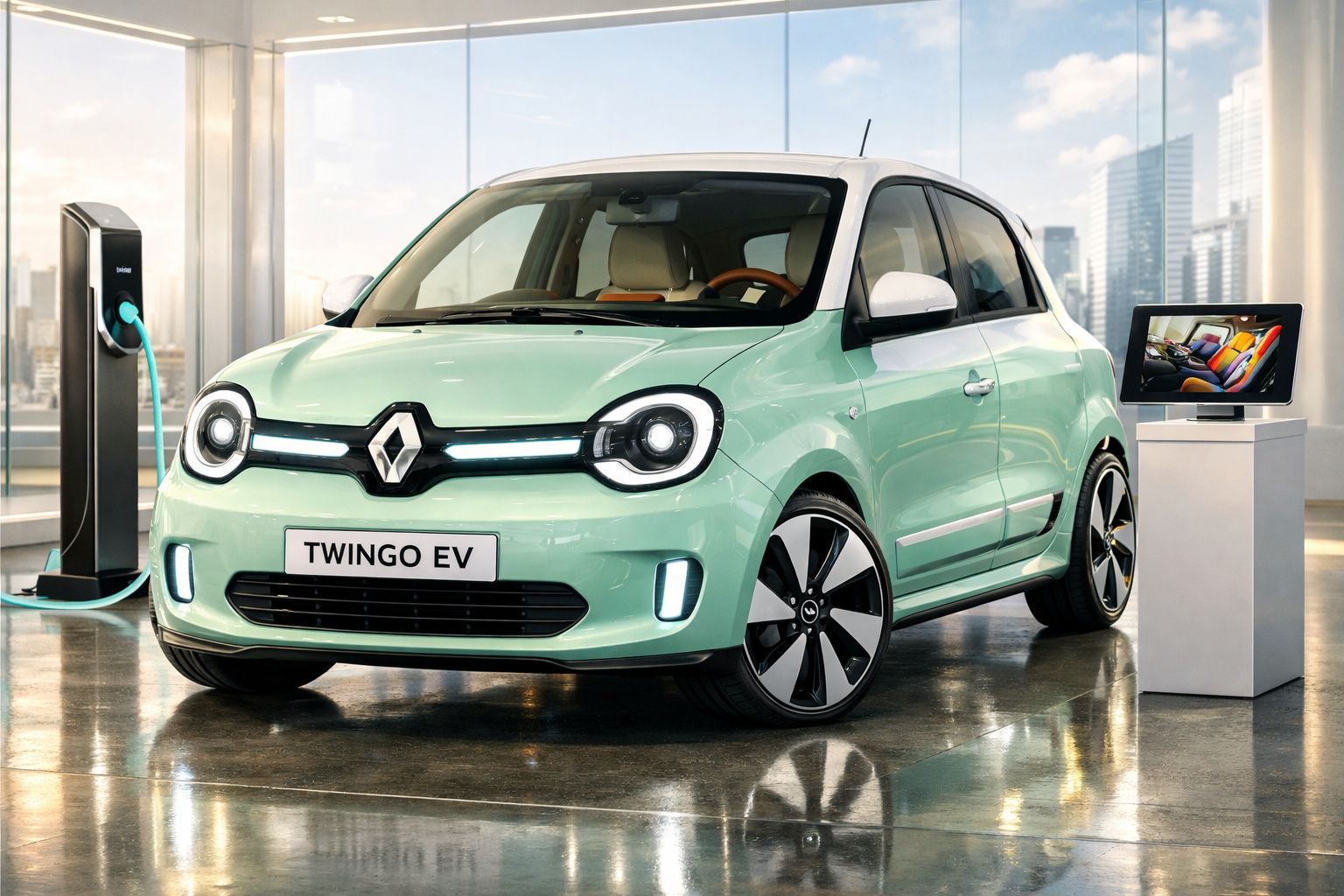 Renault Twingo EV verde claro estacionado em espaço interior junto a posto de carregamento elétrico.