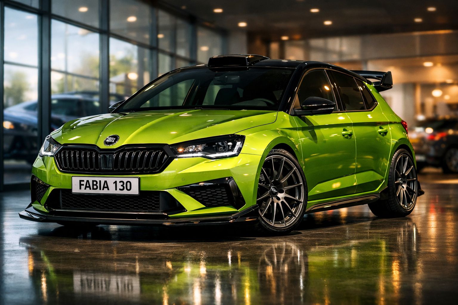 Carro Škoda Fabia RS verde com design desportivo e faróis LED em showroom iluminado.