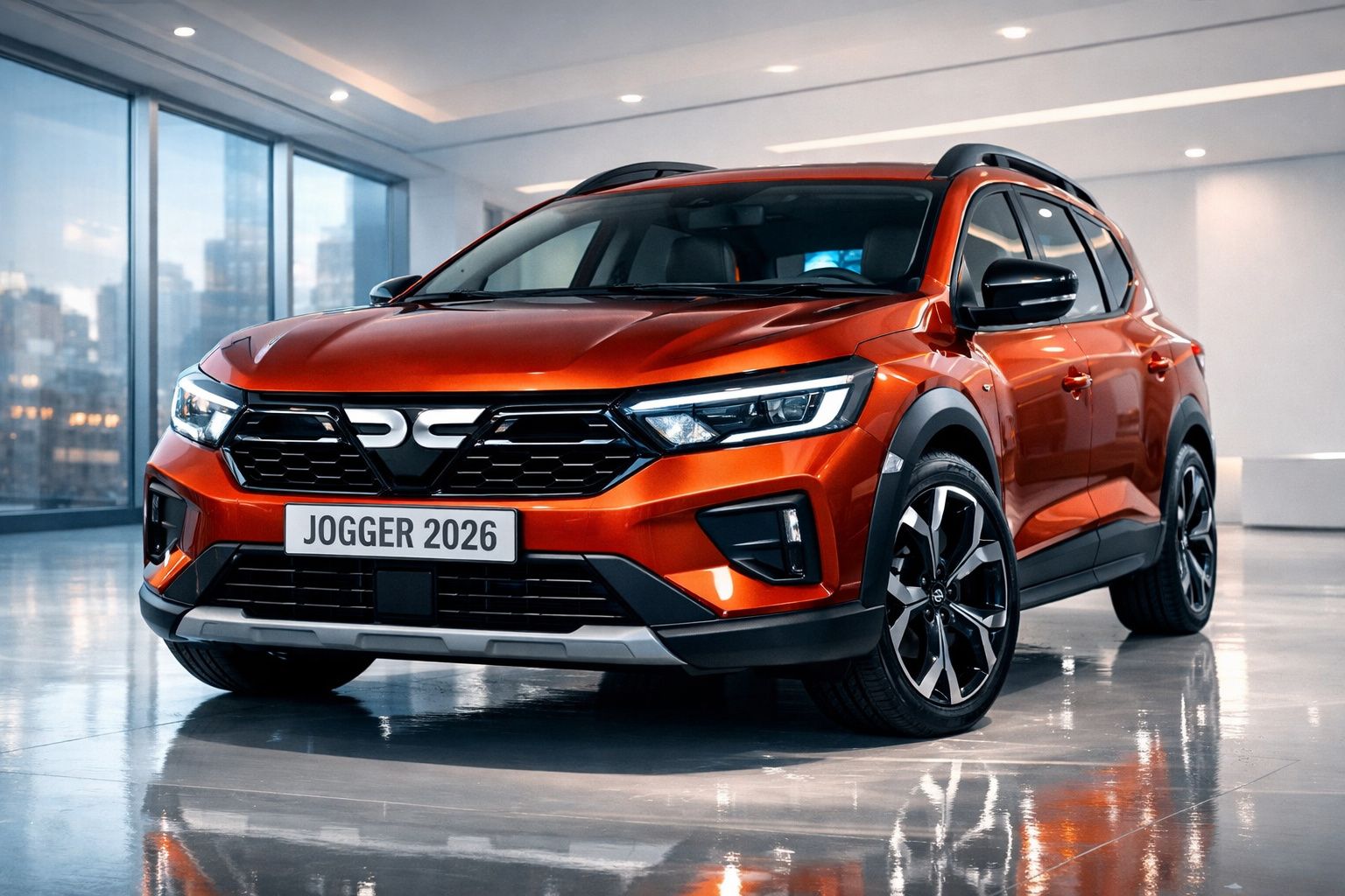 SUV Dacia Jogger 2026 laranja em ambiente interior moderno e iluminado.