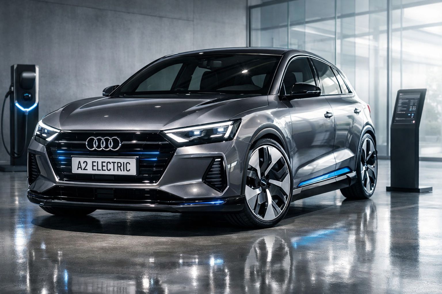 Carro elétrico Audi A2 prata estacionado em garagem moderna junto a estação de carregamento.