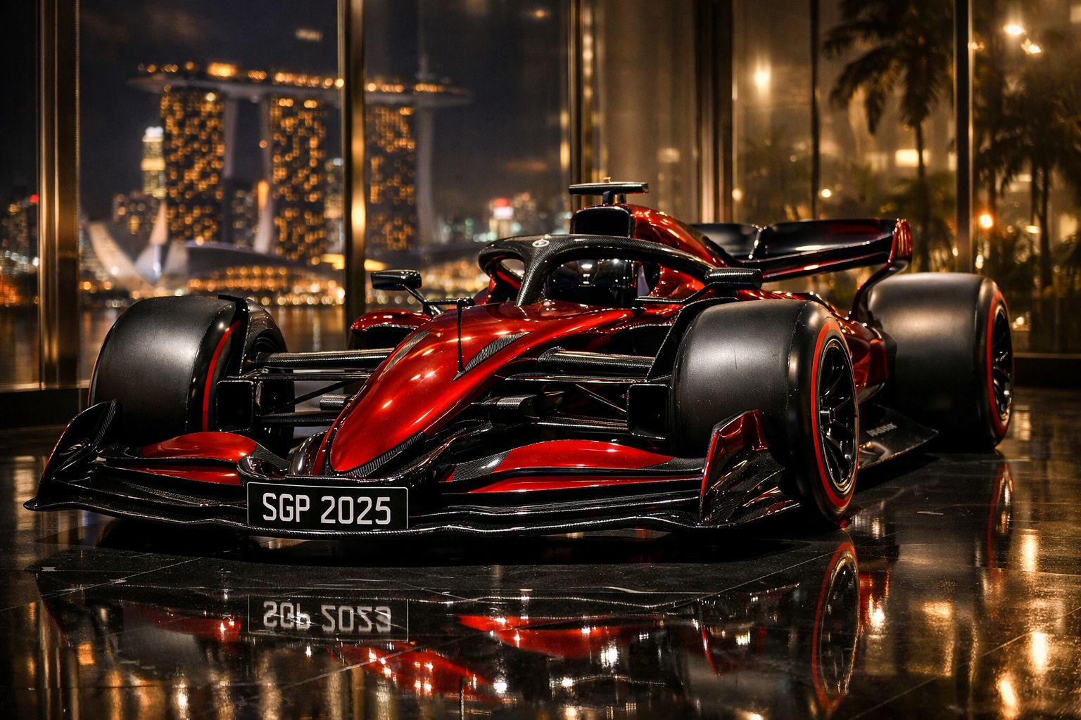 Carro de Fórmula 1 vermelho com pneus largos e design aerodinâmico, em interior iluminado à noite.