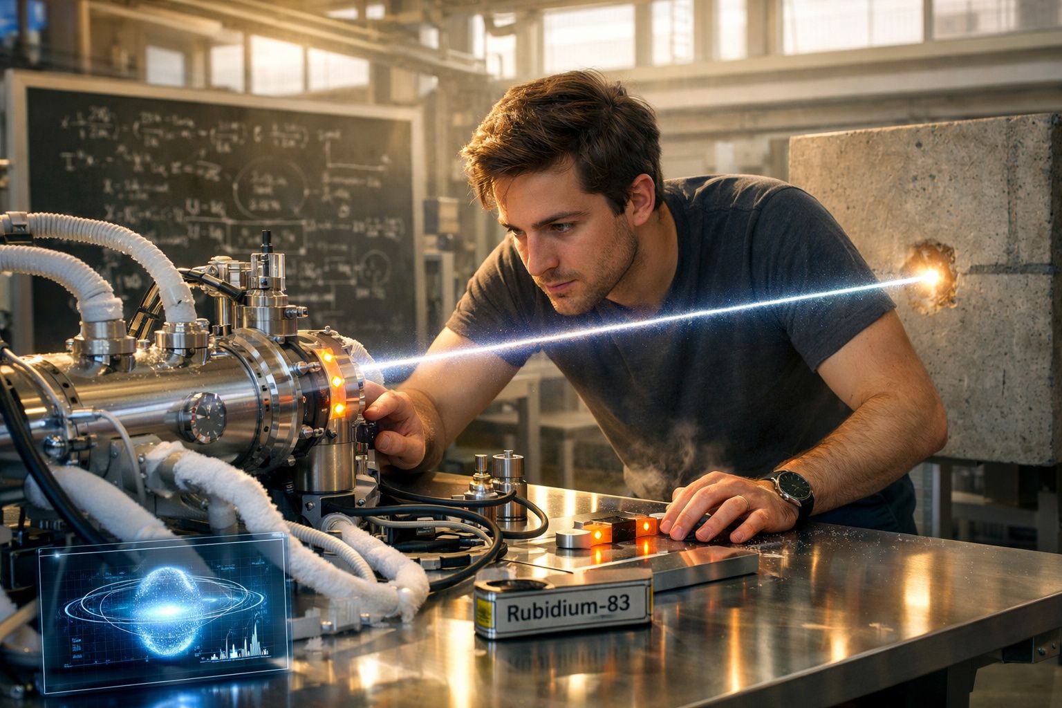 Homem a operar equipamento científico com laser, placa identificada como Rubidium-83, laboratório ao fundo.