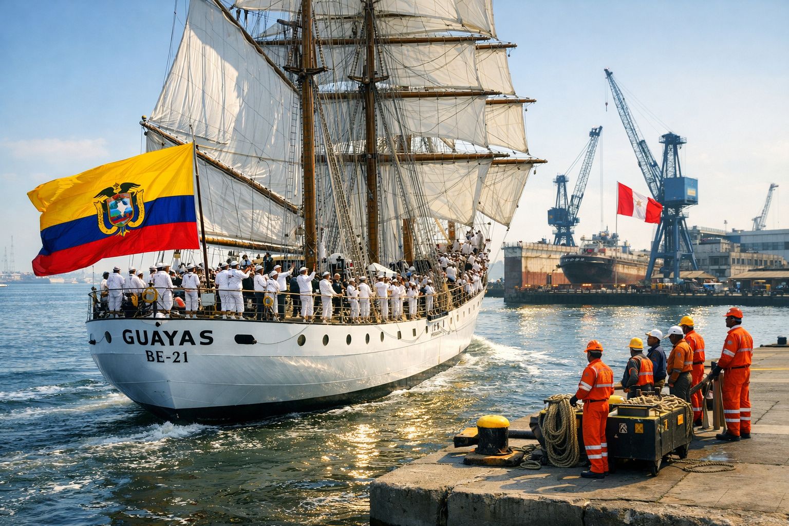 Barco veleiro Guayas com tripulação a bordo ancorado perto do cais com trabalhadores em fatos laranja à beira-mar.
