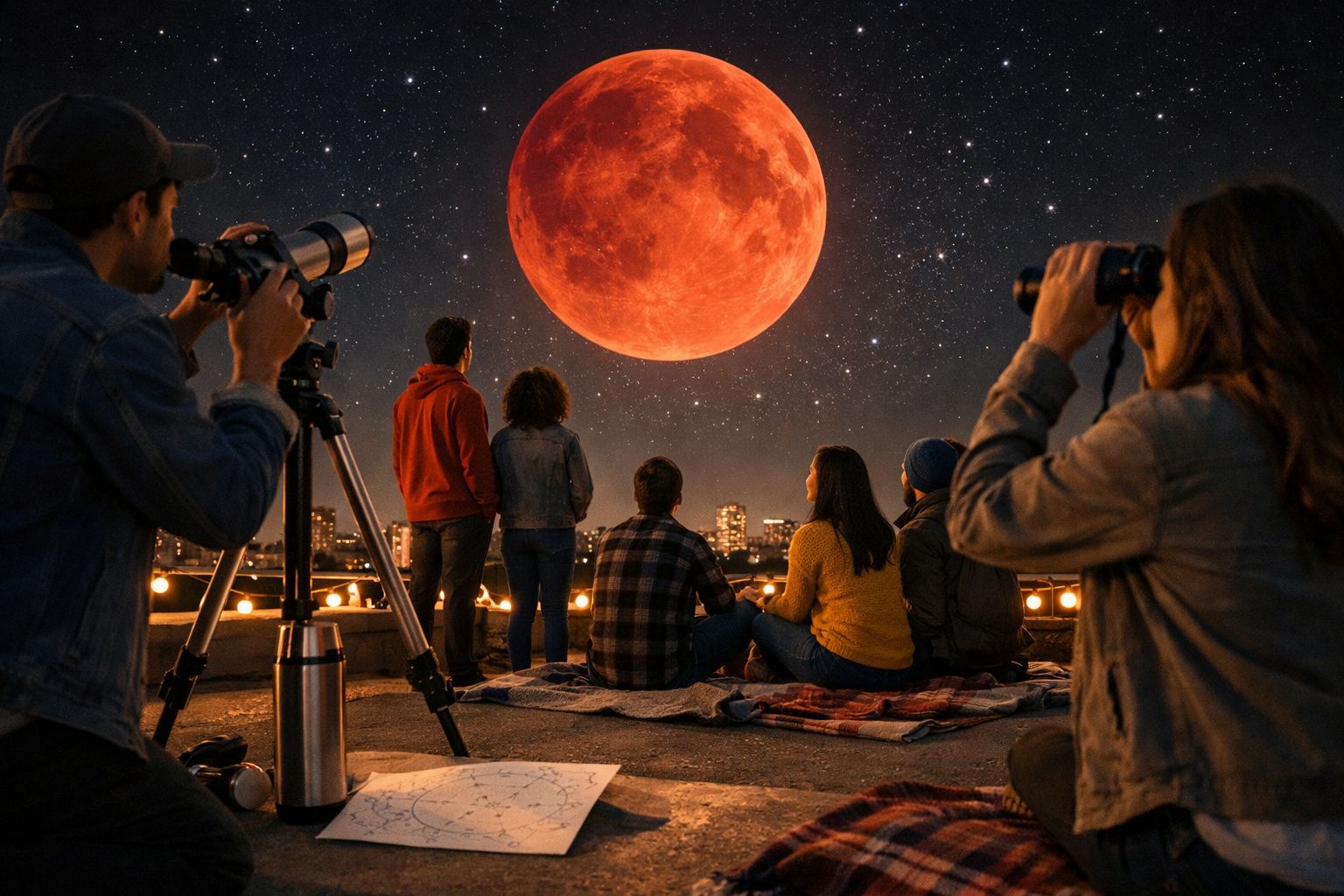 Pessoas observam uma superlua vermelha com telescópio e binóculos numa noite estrelada numa área urbana.