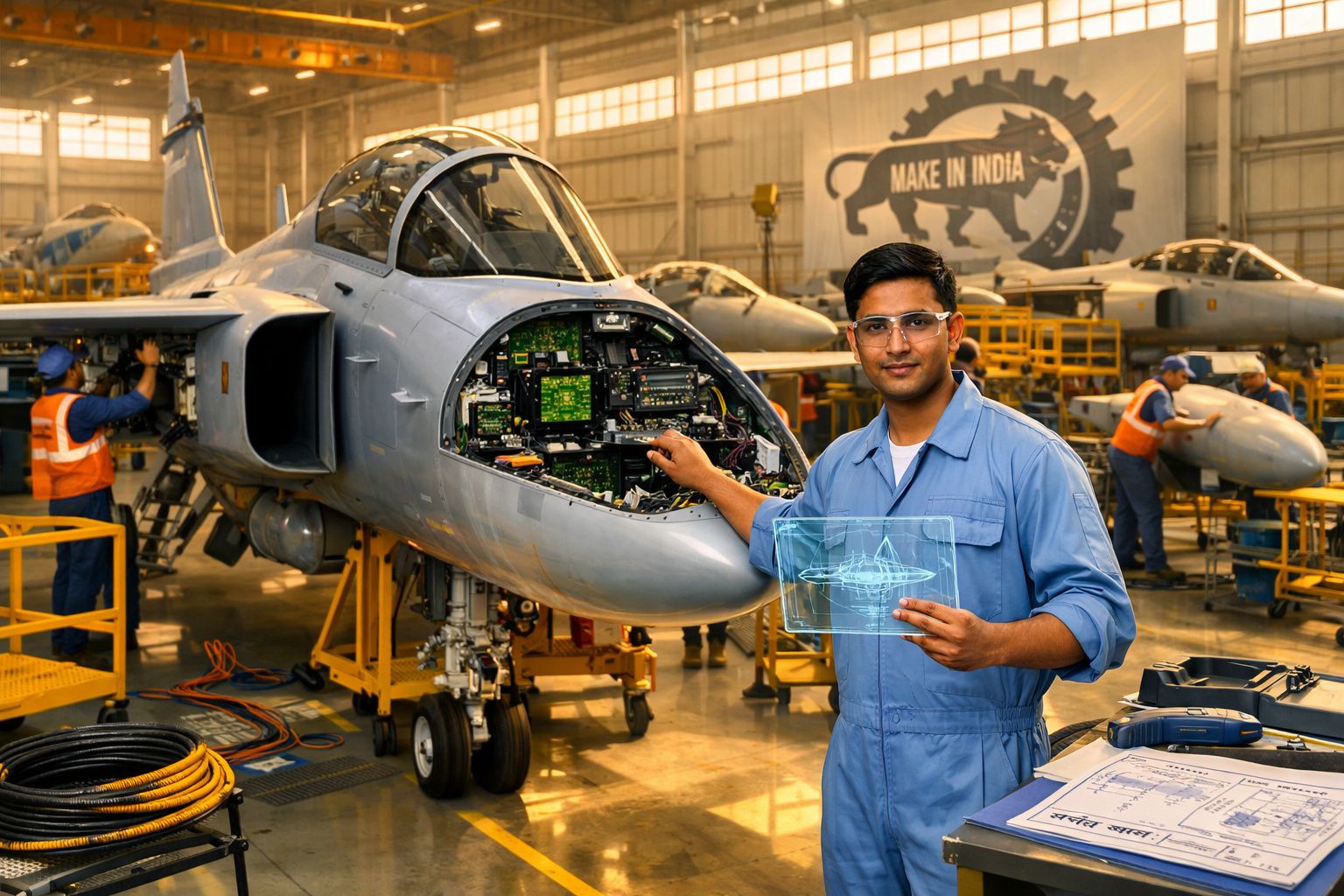 Engenheiro na manutenção de jato militar num hangar com outros técnicos e o slogan "Make in India" ao fundo.