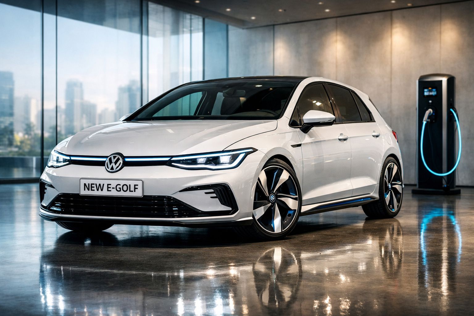 Carro elétrico Volkswagen New E-Golf branco estacionado junto a um carregador numa sala moderna.