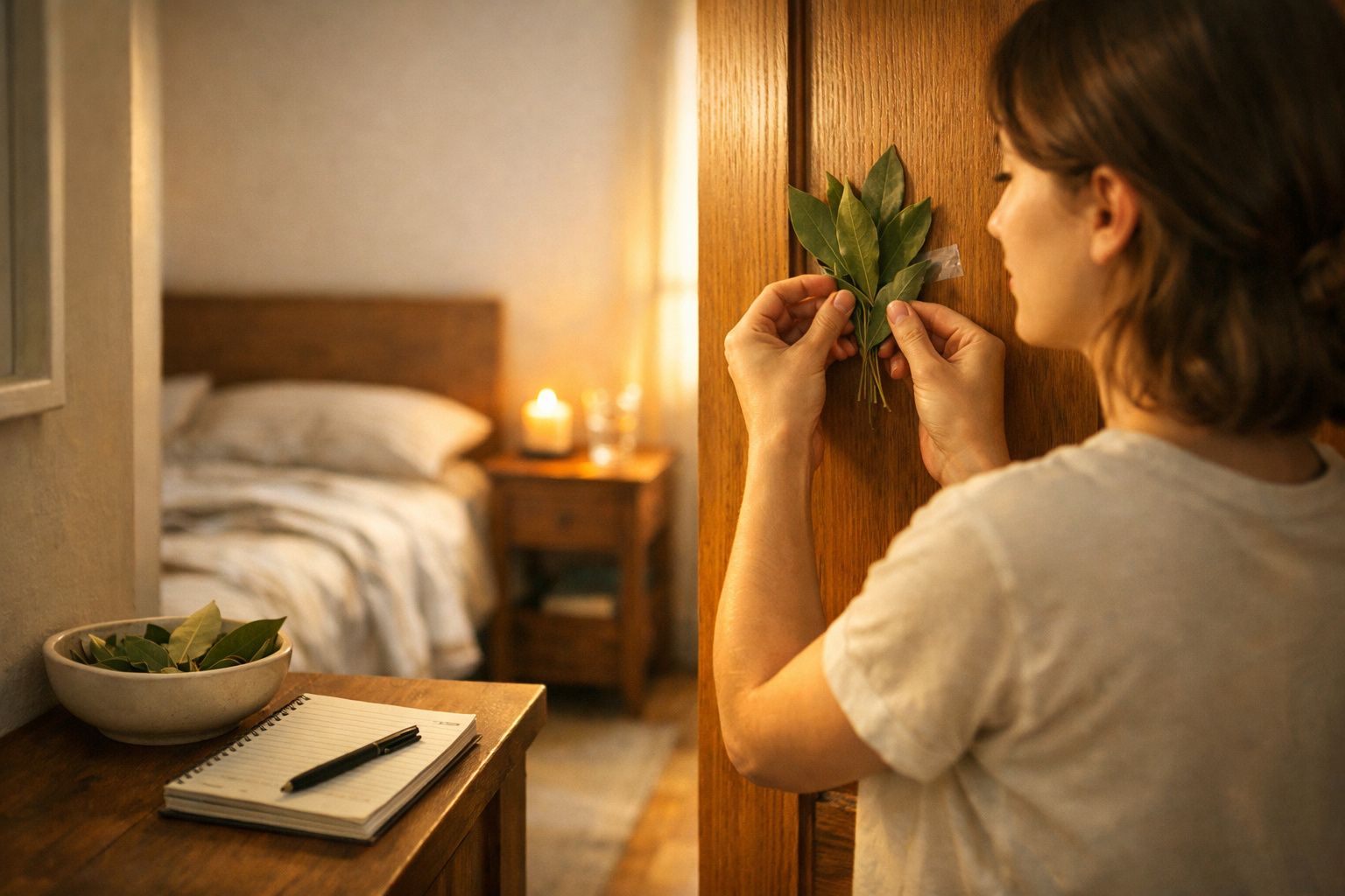 Pessoa a fixar raminho de folhas numa porta de madeira, quarto acolhedor com cama, vela e bloco de notas ao fundo.