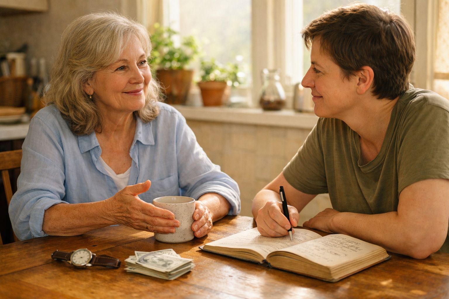 Duas mulheres conversam numa cozinha, uma segura uma caneca e a outra escreve num caderno aberto.