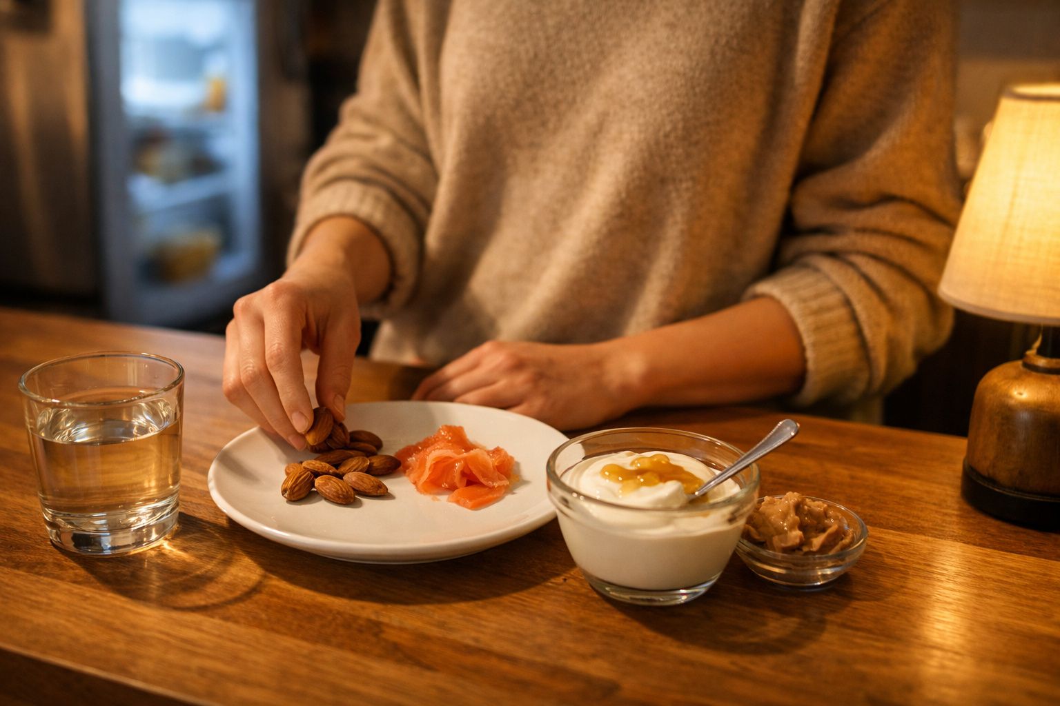 Pessoa a comer amêndoas com salmão, iogurte com mel e manteiga de amendoim, com copo de água numa mesa de madeira.