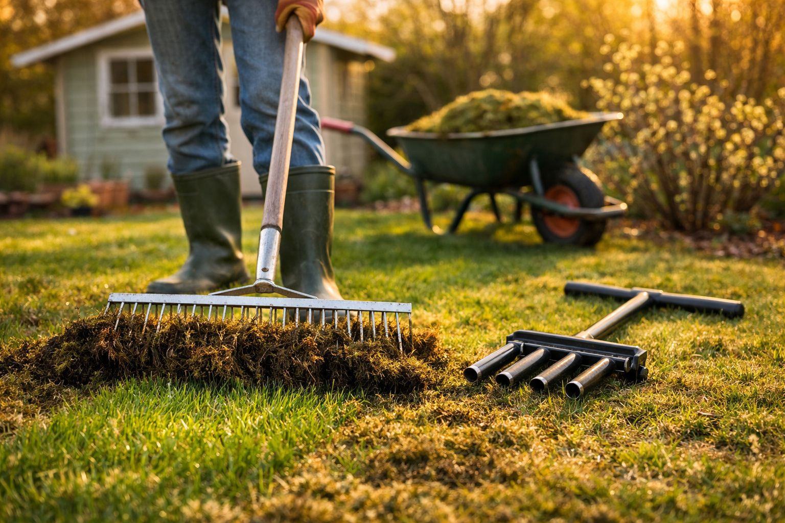 Pessoa a remover musgo do relvado com um ancinho, ao lado de uma carrinha de mão e ferramentas de jardinagem.
