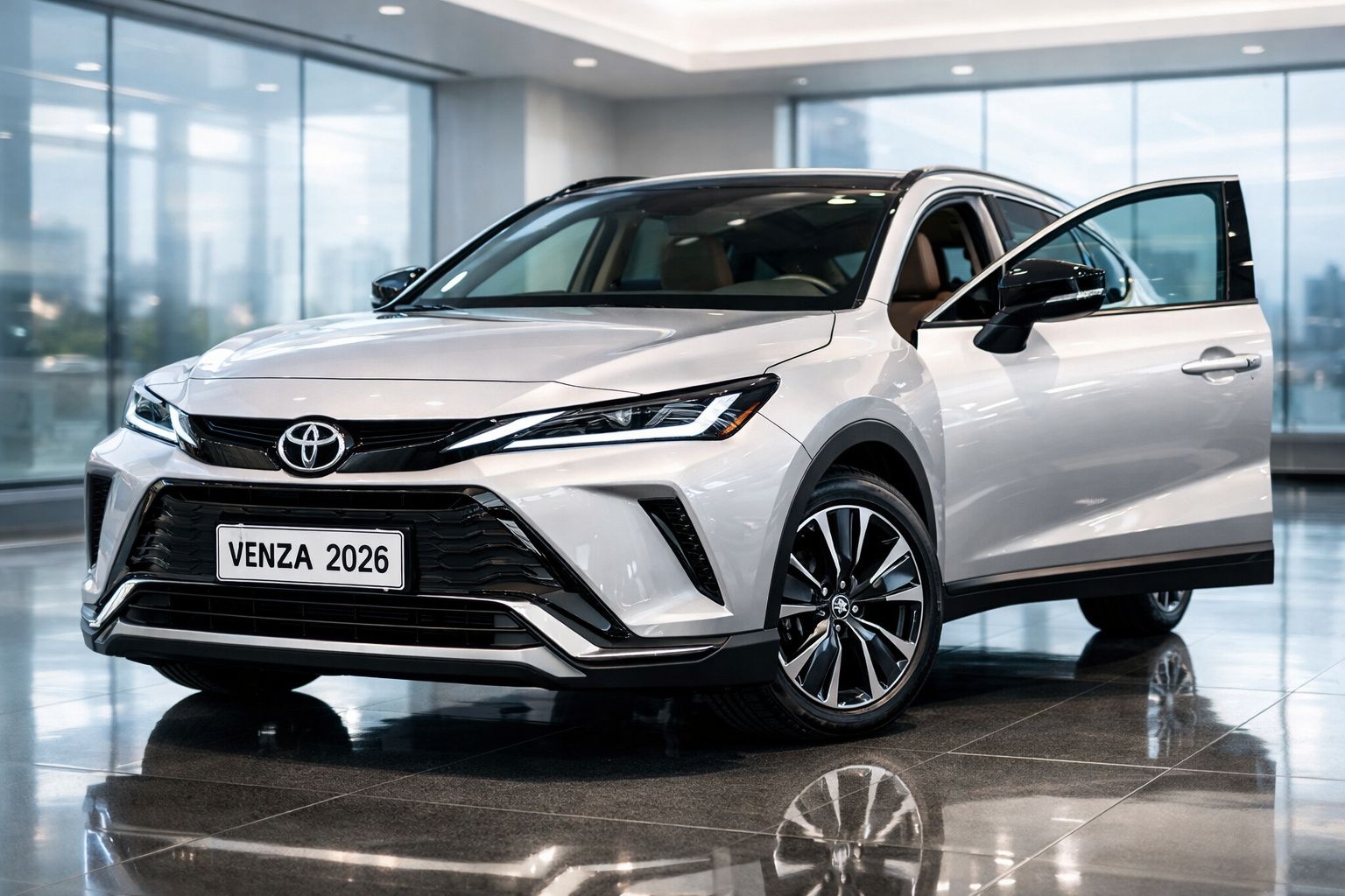 Toyota Venza 2026 branco com porta dianteira esquerda aberta, apresentado numa exposição moderna interior.