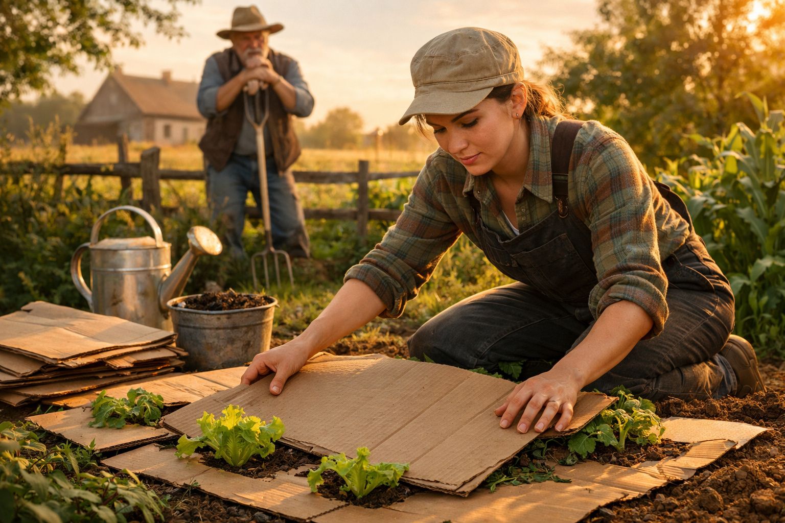Jovem mulher a proteger plantas no jardim com cartão, homem ao fundo observando na quinta ao pôr do sol.