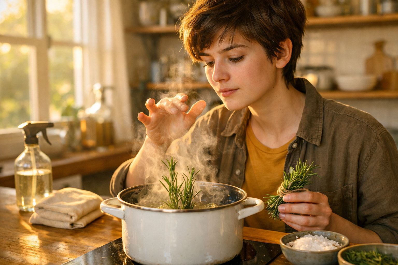 Mulher a cozinhar ervas frescas num tacho a vapor na cozinha com luz natural.