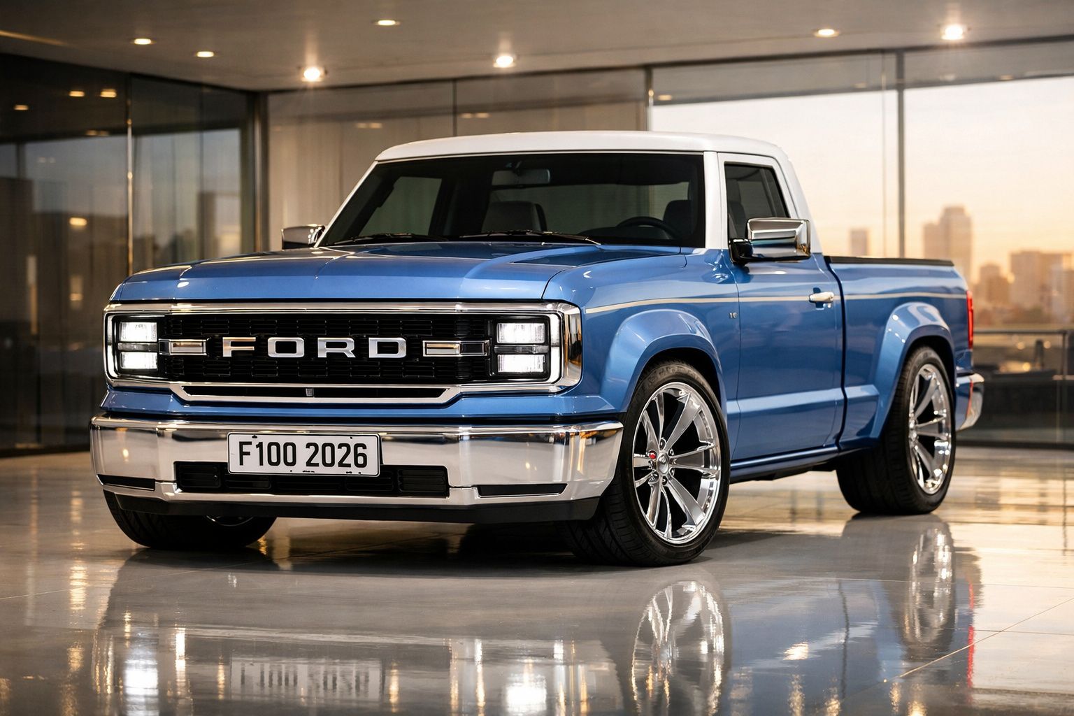 Pick-up Ford F-100 azul com tejadilho branco estacionada em piso brilhante, em ambiente urbano interior.