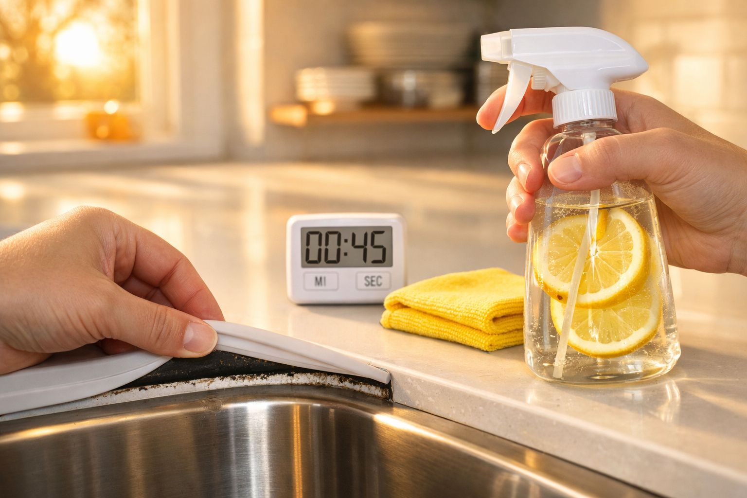 Mãos a limpar vedação da pia com pulverizador com água e limão, pano amarelo e temporizador na bancada da cozinha.