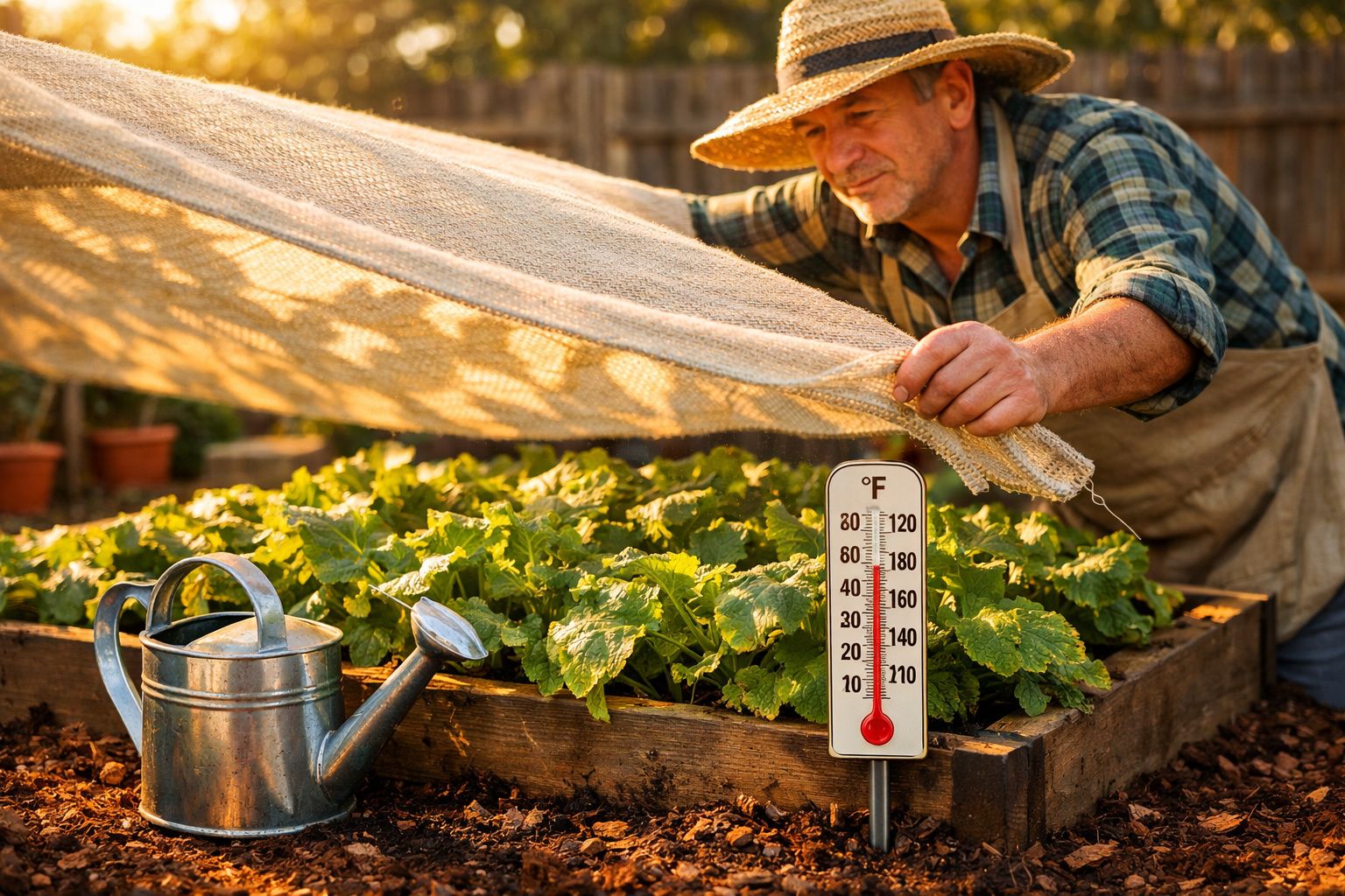 Homem cobre plantas com tecido protetor num canteiro com regador e termómetro a indicar temperatura elevada.