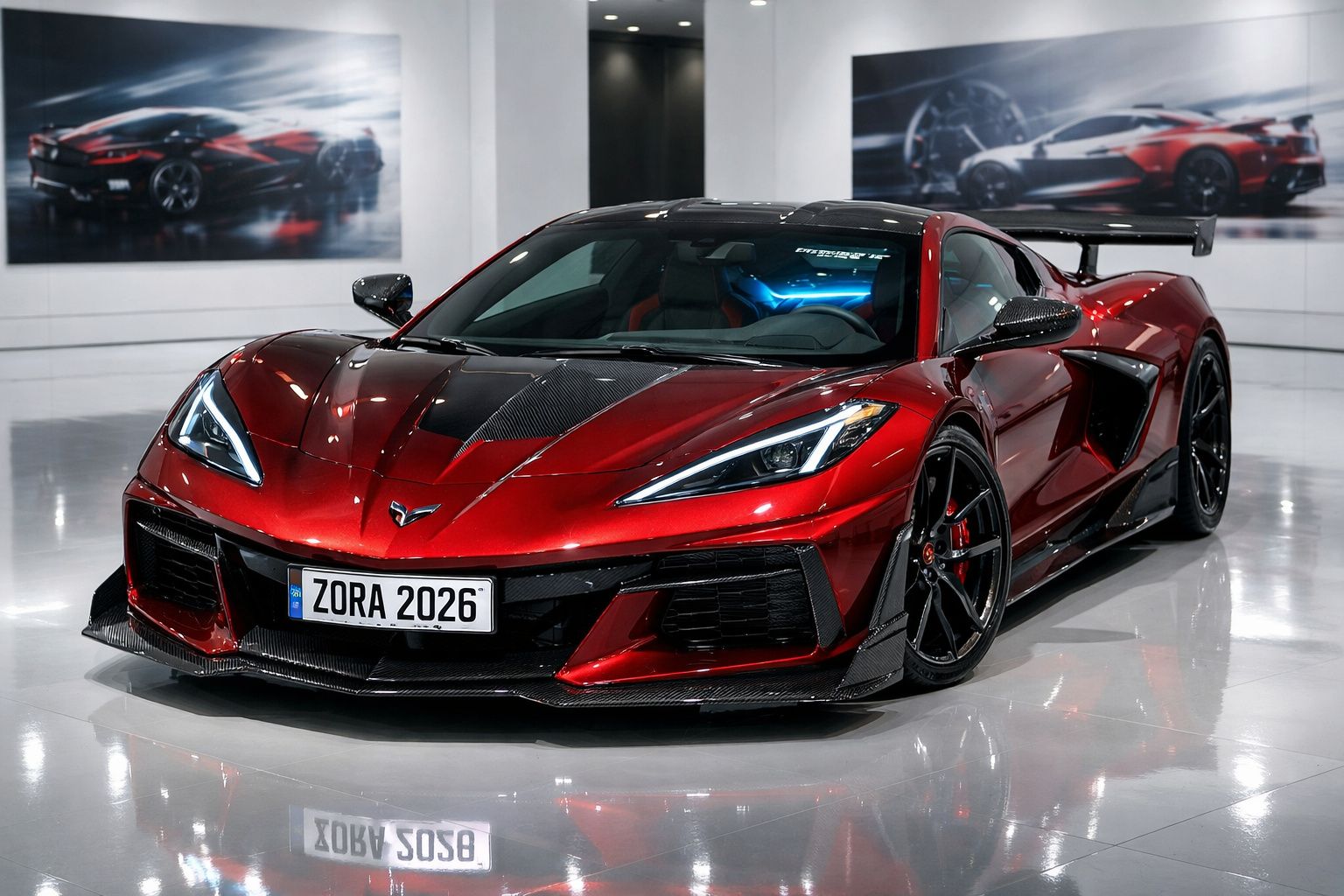 Carro desportivo vermelho brilhante com pára-choques aerodinâmico e spoiler traseiro exposto em galeria.