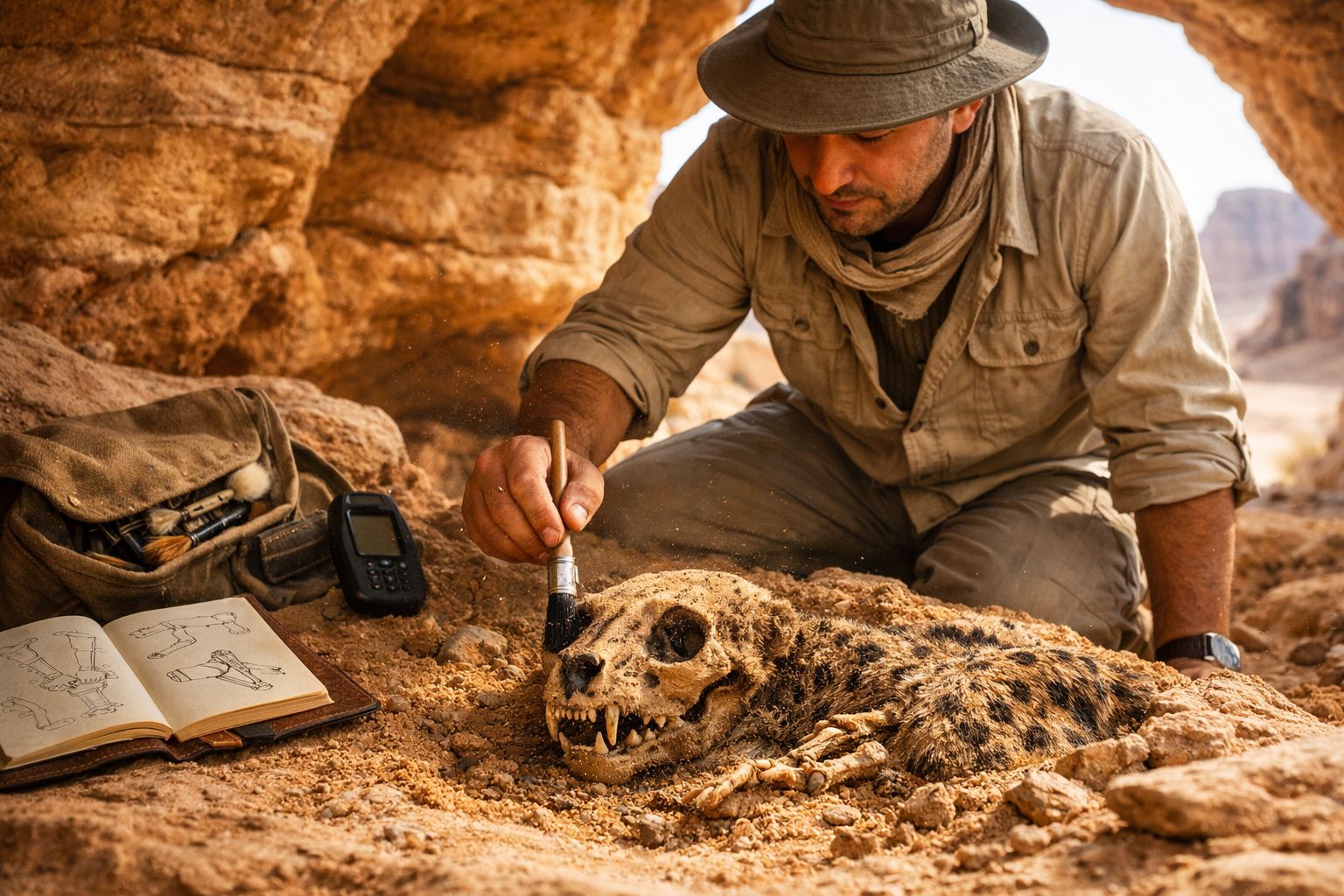 Arqueólogo escava cuidadosamente um esqueleto fossilizado de animal em paisagem desértica rochosa.